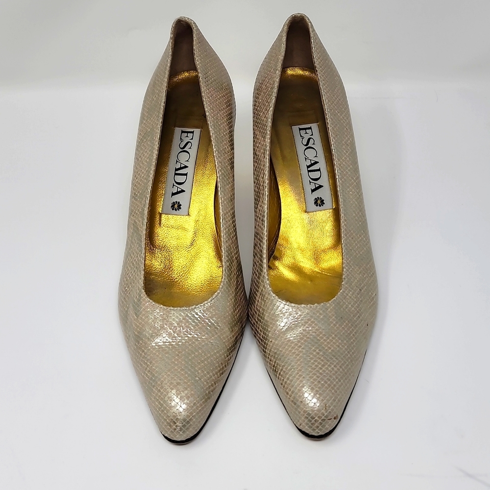 ♡ ESCADA Python Design Kitten Heels | Retro Point Toe Leather Italian Dress